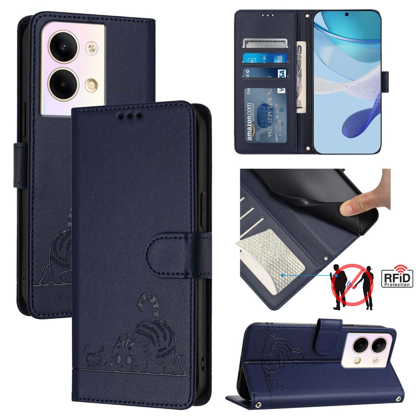 OPPO Reno9 5G Cat and Mouse Embossed PU Leather RFID Case with Wallet Slots, Anti-Fall Protection, Kickstand, and Lanyard-buycases.co.uk