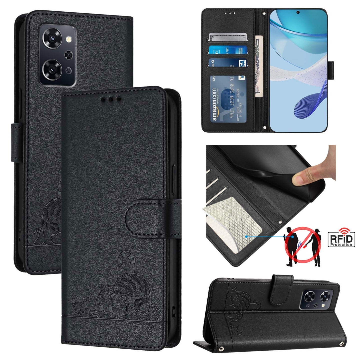 OPPO Reno9 A Cat and Mouse Embossed PU Leather RFID Case with Wallet Slots, Anti-Fall Protection, Kickstand, and Lanyard-buycases.co.uk