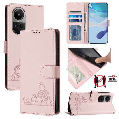 OPPO Reno10 Global Cat and Mouse Embossed PU Leather RFID Case with Wallet Slots, Anti-Fall Protection, Kickstand, and Lanyard-buycases.co.uk
