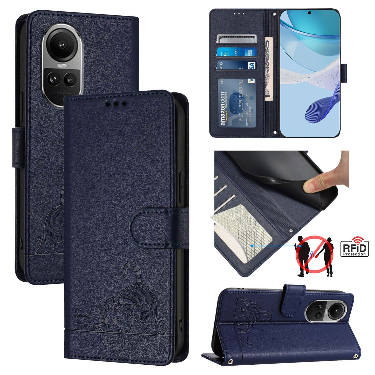 OPPO Reno10 Global Cat and Mouse Embossed PU Leather RFID Case with Wallet Slots, Anti-Fall Protection, Kickstand, and Lanyard-buycases.co.uk