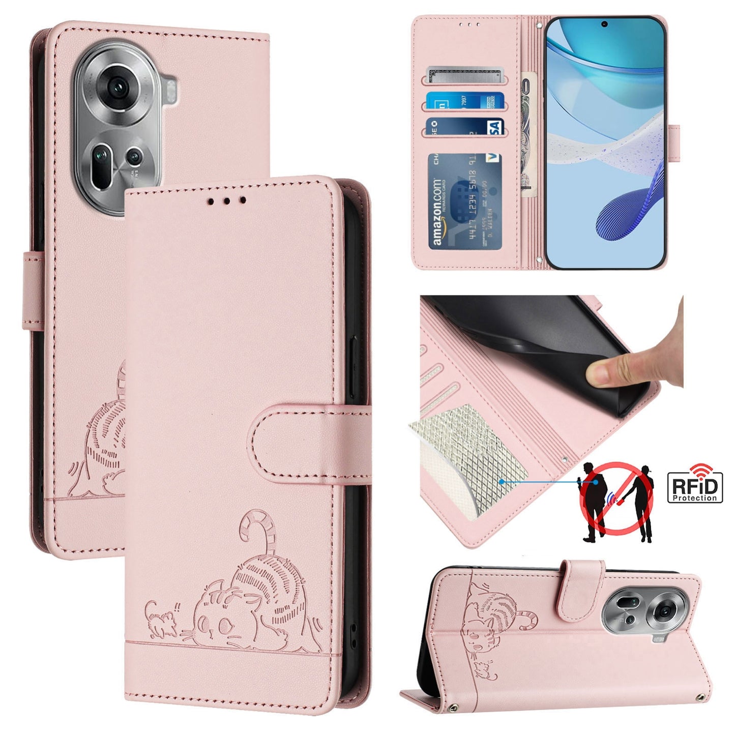 OPPO Reno11 5G Global Cat and Mouse Embossed PU Leather RFID Case with Wallet Slots, Anti-Fall Protection, Kickstand, and Lanyard-buycases.co.uk