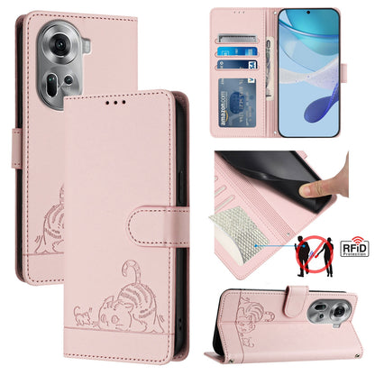 OPPO Reno11 5G Global Cat and Mouse Embossed PU Leather RFID Case with Wallet Slots, Anti-Fall Protection, Kickstand, and Lanyard-buycases.co.uk