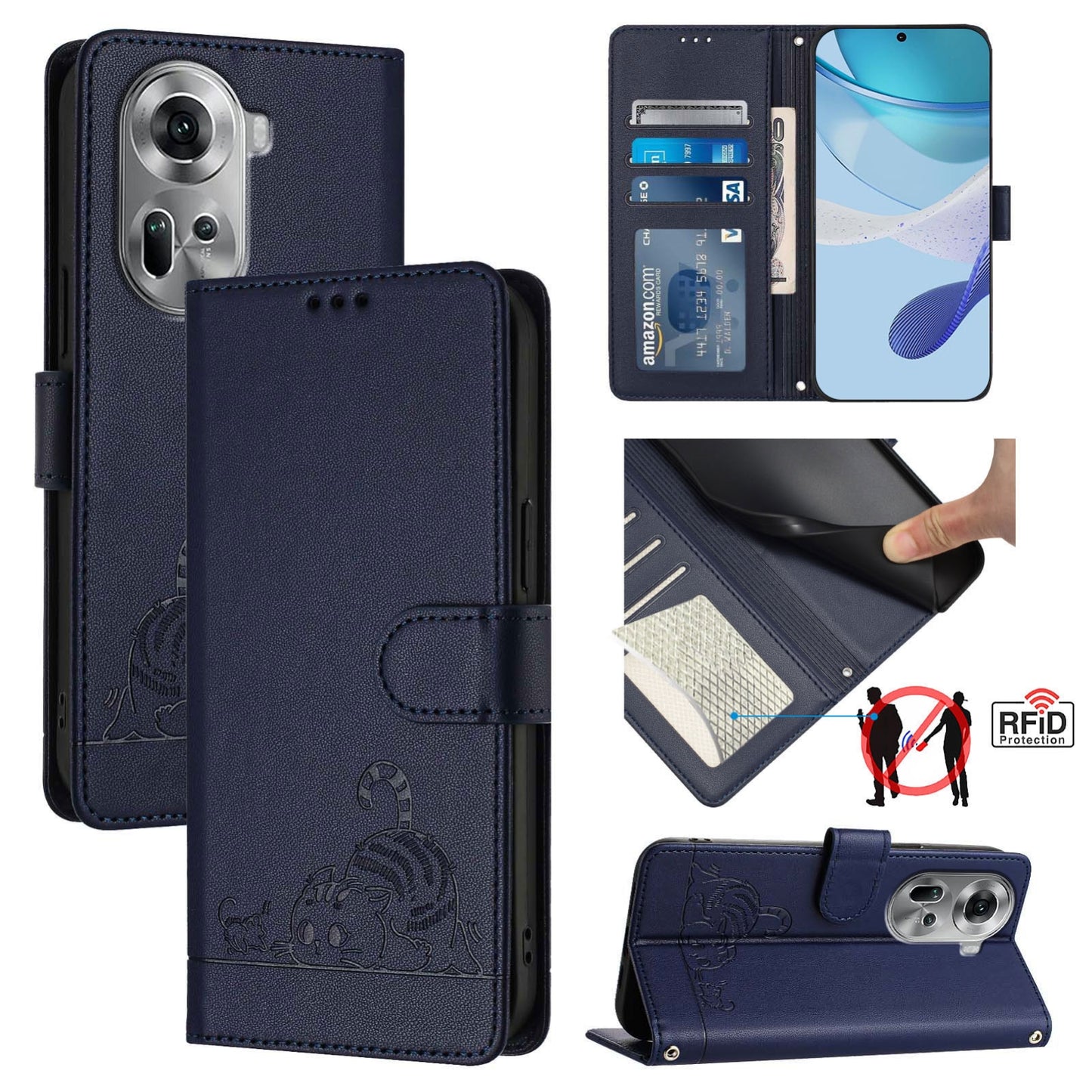 OPPO Reno11 5G Global Cat and Mouse Embossed PU Leather RFID Case with Wallet Slots, Anti-Fall Protection, Kickstand, and Lanyard-buycases.co.uk