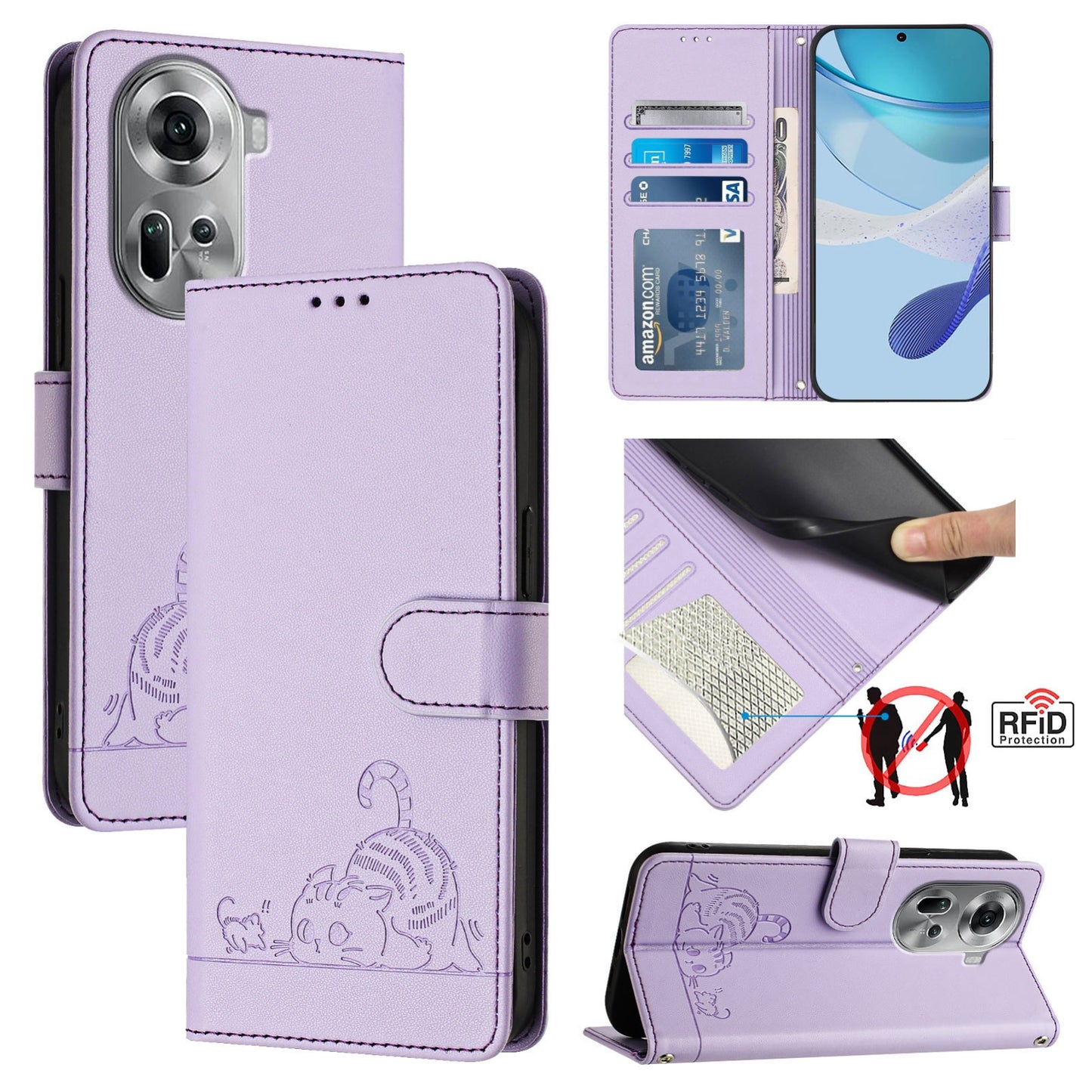 OPPO Reno11 5G Global Cat and Mouse Embossed PU Leather RFID Case with Wallet Slots, Anti-Fall Protection, Kickstand, and Lanyard-buycases.co.uk