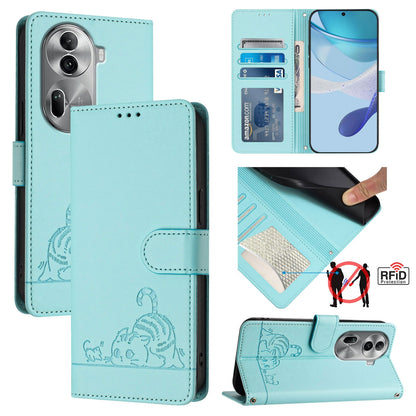 OPPO Reno11 Pro 5G Global Cat and Mouse Embossed PU Leather RFID Case with Wallet Slots, Anti-Fall Protection, Kickstand, and Lanyard-buycases.co.uk