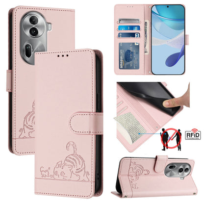 OPPO Reno11 Pro 5G Global Cat and Mouse Embossed PU Leather RFID Case with Wallet Slots, Anti-Fall Protection, Kickstand, and Lanyard-buycases.co.uk