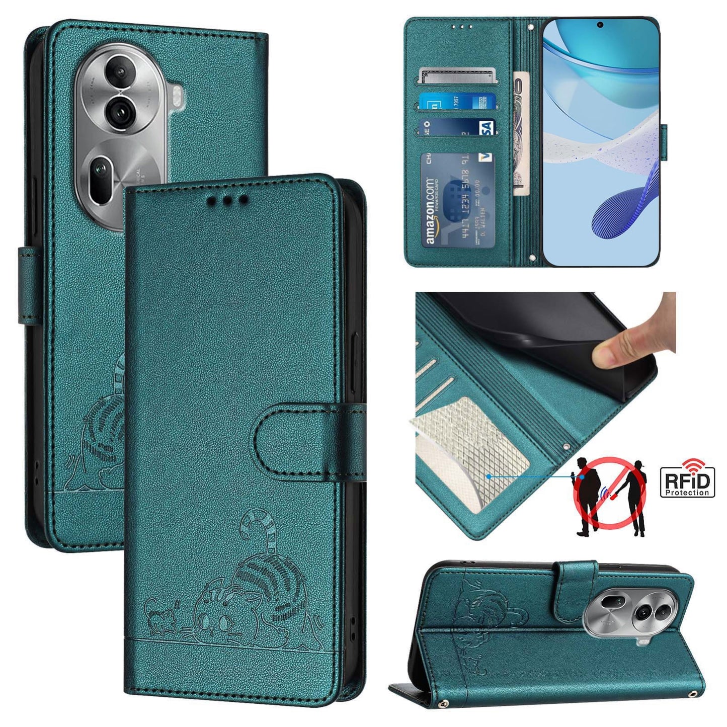 OPPO Reno11 Pro 5G Global Cat and Mouse Embossed PU Leather RFID Case with Wallet Slots, Anti-Fall Protection, Kickstand, and Lanyard-buycases.co.uk