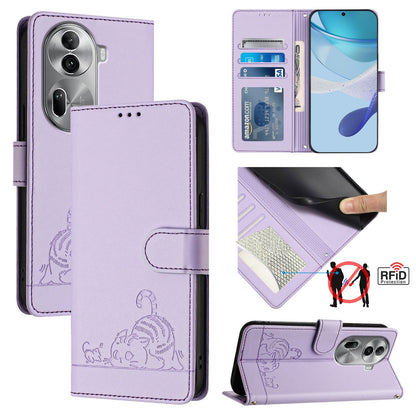 OPPO Reno11 Pro 5G Global Cat and Mouse Embossed PU Leather RFID Case with Wallet Slots, Anti-Fall Protection, Kickstand, and Lanyard-buycases.co.uk
