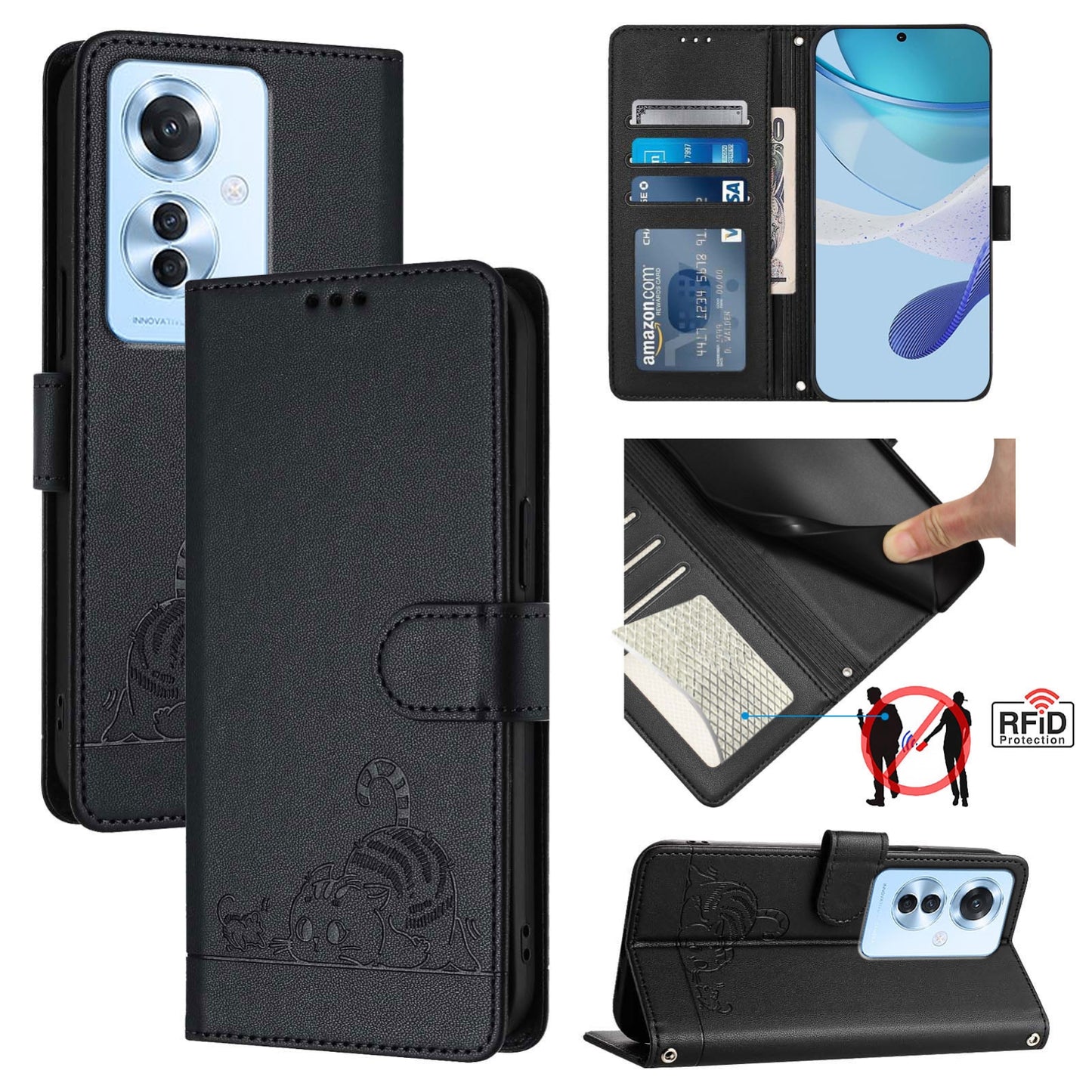 OPPO Reno11 F 5G Global Cat and Mouse Embossed PU Leather RFID Case with Wallet Slots, Anti-Fall Protection, Kickstand, and Lanyard-buycases.co.uk