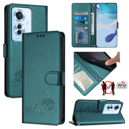 OPPO Reno11 F 5G Global Cat and Mouse Embossed PU Leather RFID Case with Wallet Slots, Anti-Fall Protection, Kickstand, and Lanyard-buycases.co.uk