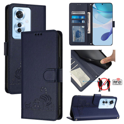 OPPO Reno11 F 5G Global Cat and Mouse Embossed PU Leather RFID Case with Wallet Slots, Anti-Fall Protection, Kickstand, and Lanyard-buycases.co.uk