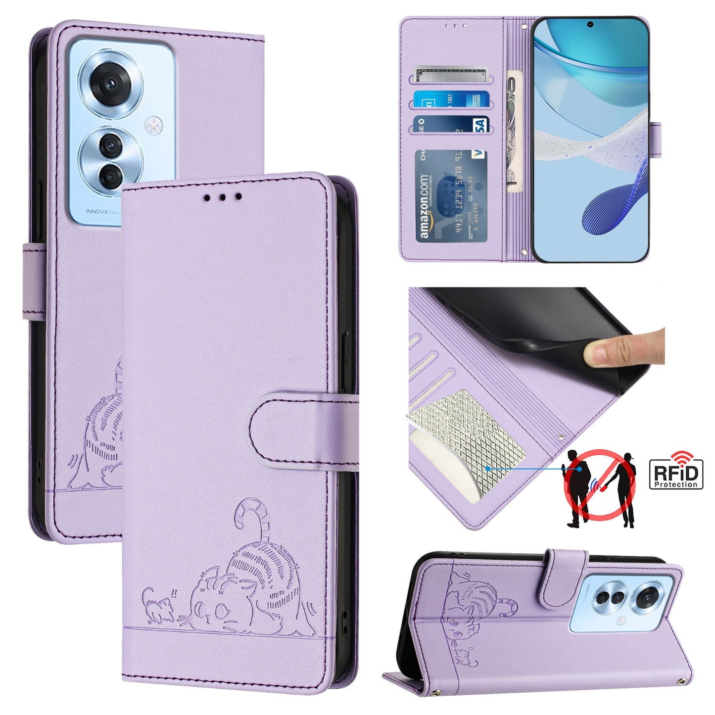 OPPO Reno11 F 5G Global Cat and Mouse Embossed PU Leather RFID Case with Wallet Slots, Anti-Fall Protection, Kickstand, and Lanyard-buycases.co.uk