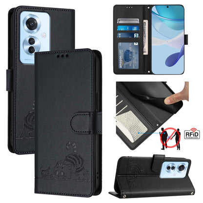 OPPO F25 Pro 5G India Cat and Mouse Embossed PU Leather RFID Case with Wallet Slots, Anti-Fall Protection, Kickstand, and Lanyard-buycases.co.uk