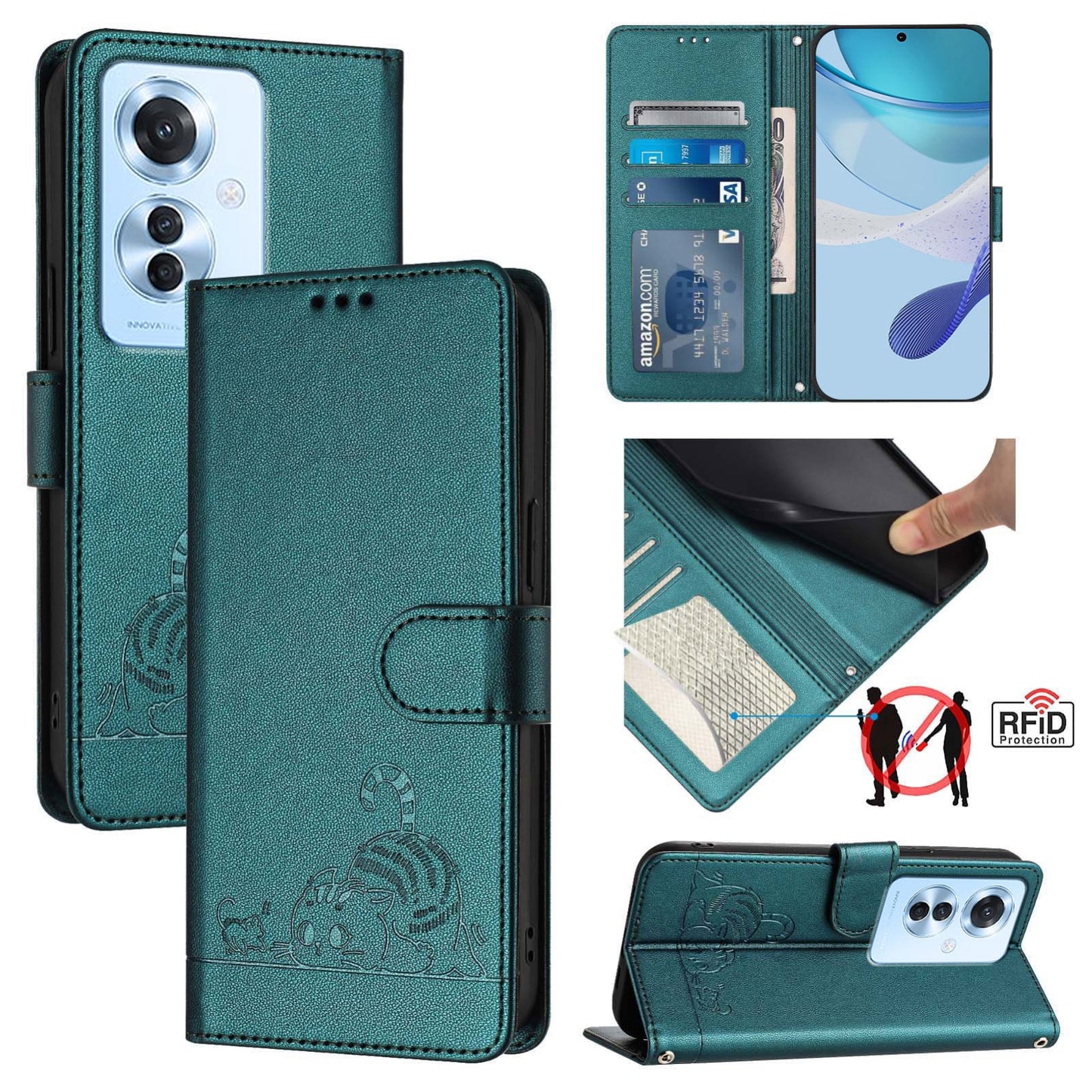 OPPO F25 Pro 5G India Cat and Mouse Embossed PU Leather RFID Case with Wallet Slots, Anti-Fall Protection, Kickstand, and Lanyard-buycases.co.uk