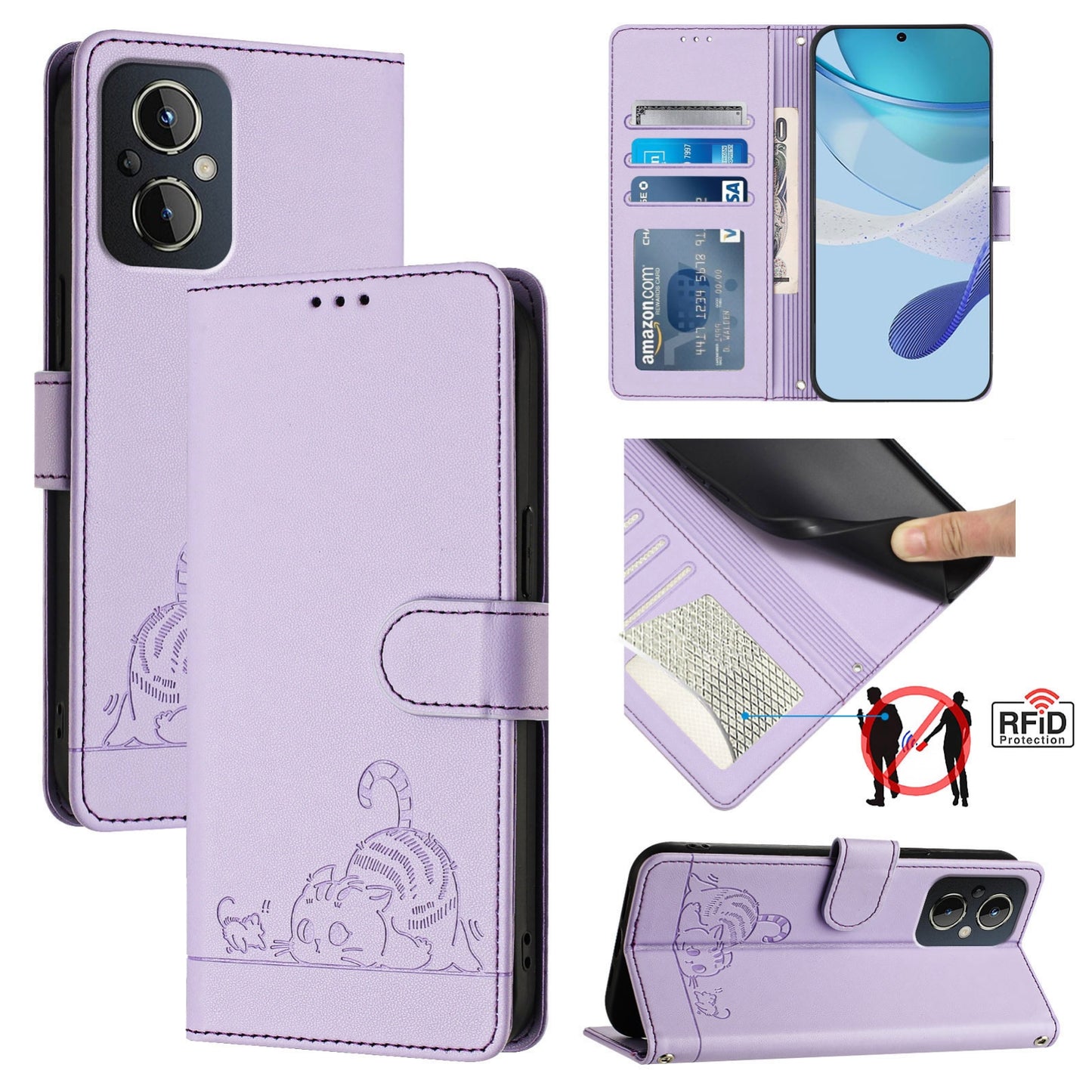 OPPO Reno7 Lite Cat and Mouse Embossed PU Leather RFID Case with Wallet Slots, Anti-Fall Protection, Kickstand, and Lanyard-buycases.co.uk