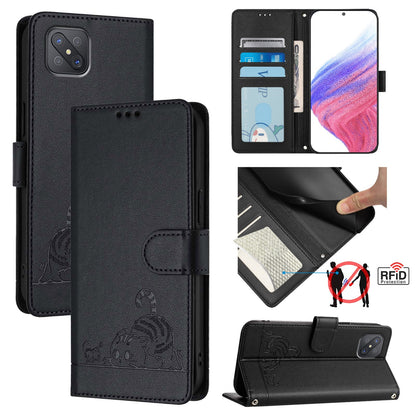 OPPO A92S 5G Cat and Mouse Embossed PU Leather RFID Case with Wallet Slots, Anti-Fall Protection, Kickstand, and Lanyard-buycases.co.uk