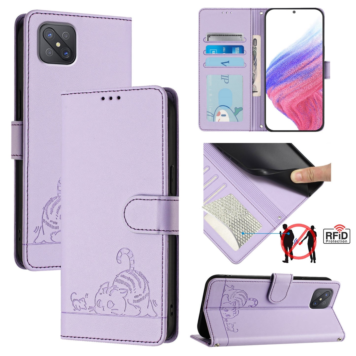 OPPO A92S 5G Cat and Mouse Embossed PU Leather RFID Case with Wallet Slots, Anti-Fall Protection, Kickstand, and Lanyard-buycases.co.uk