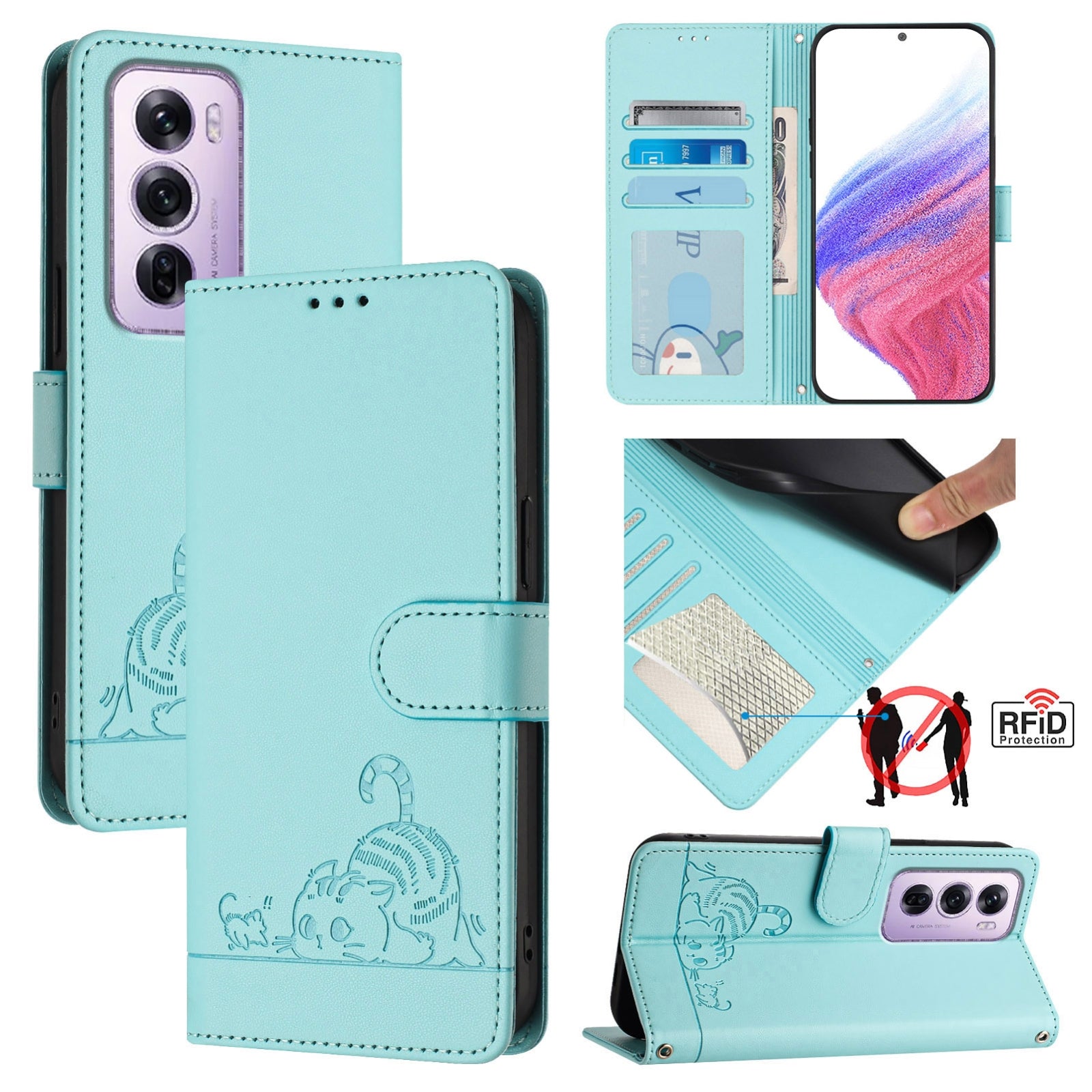 OPPO Reno12 Pro Global Cat and Mouse Embossed PU Leather RFID Case with Wallet Slots, Anti-Fall Protection, Kickstand, and Lanyard-buycases.co.uk