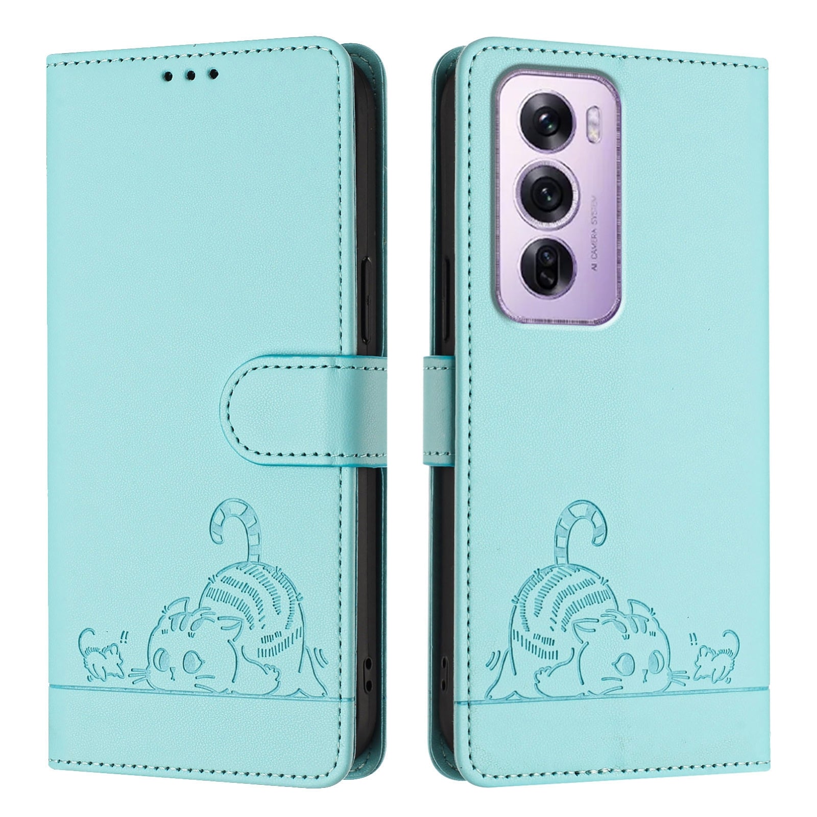 OPPO Reno12 Pro Global Cat and Mouse Embossed PU Leather RFID Case with Wallet Slots, Anti-Fall Protection, Kickstand, and Lanyard-buycases.co.uk