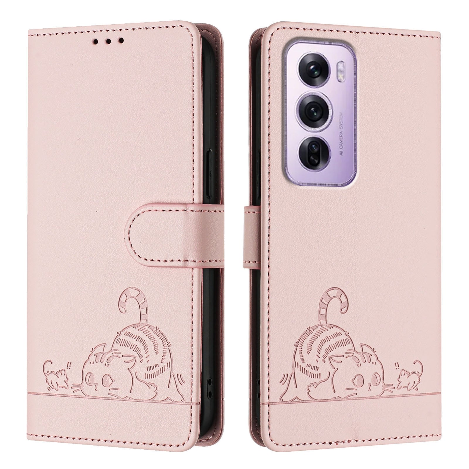 OPPO Reno12 Pro Global Cat and Mouse Embossed PU Leather RFID Case with Wallet Slots, Anti-Fall Protection, Kickstand, and Lanyard-buycases.co.uk