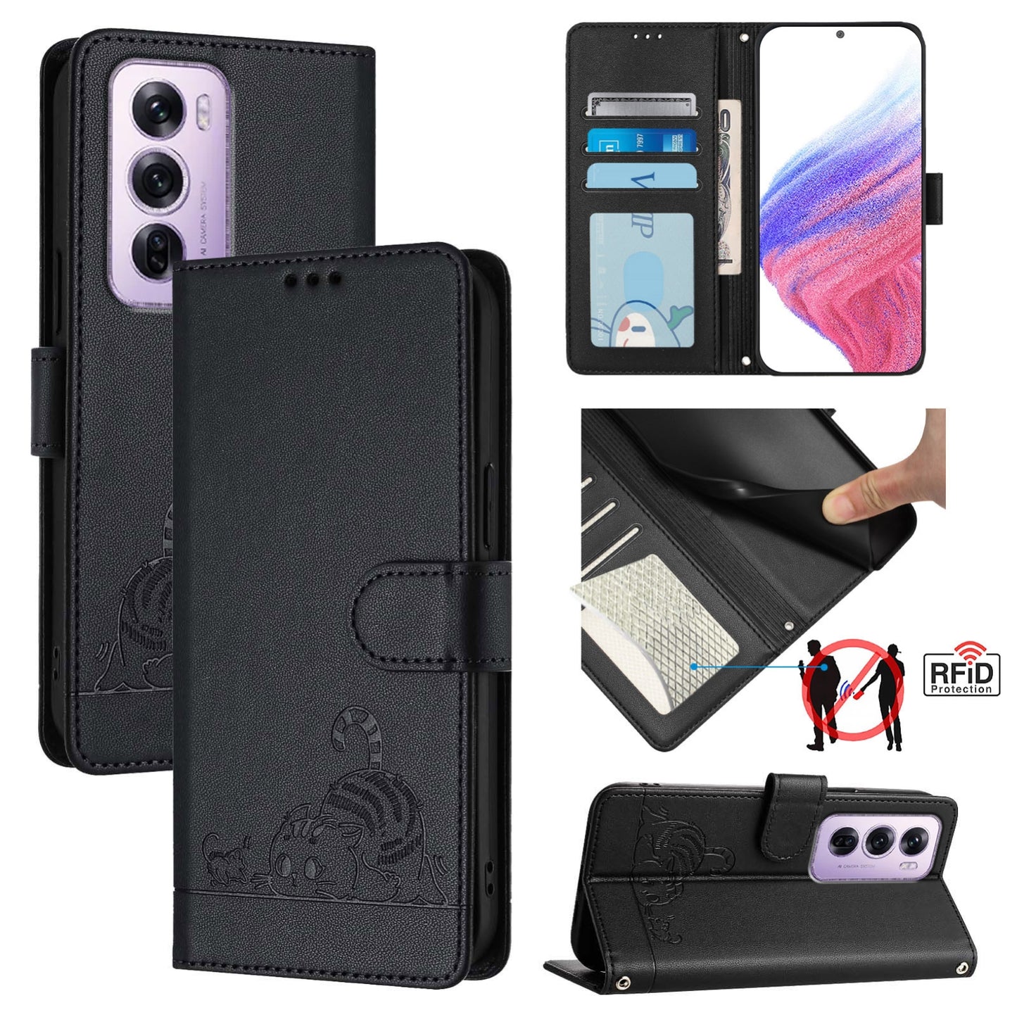 OPPO Reno12 Pro Global Cat and Mouse Embossed PU Leather RFID Case with Wallet Slots, Anti-Fall Protection, Kickstand, and Lanyard-buycases.co.uk