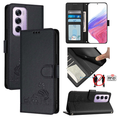 OPPO Reno12 Pro Global Cat and Mouse Embossed PU Leather RFID Case with Wallet Slots, Anti-Fall Protection, Kickstand, and Lanyard-buycases.co.uk