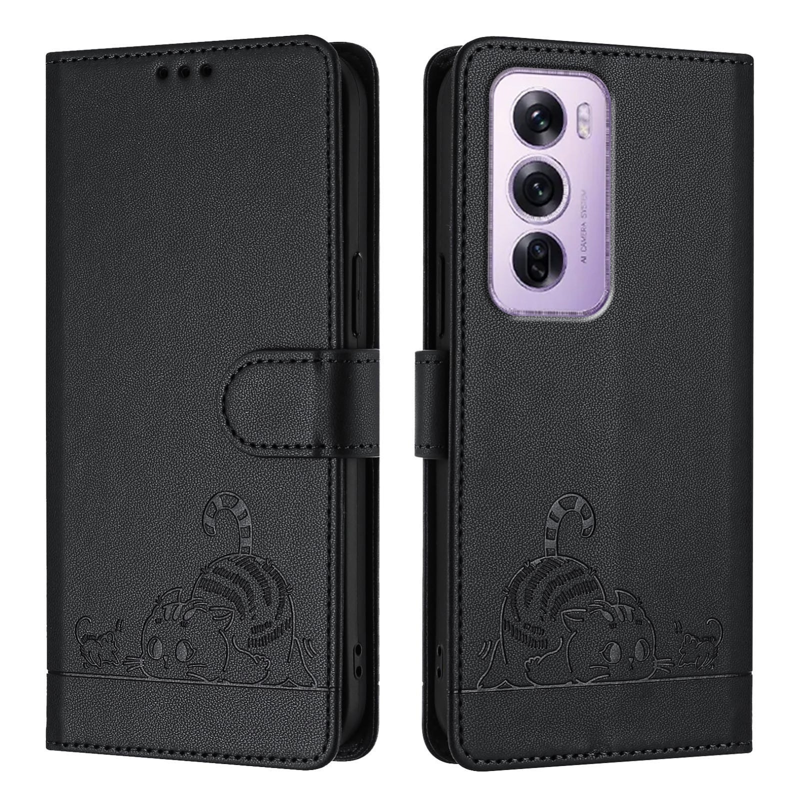 OPPO Reno12 Pro Global Cat and Mouse Embossed PU Leather RFID Case with Wallet Slots, Anti-Fall Protection, Kickstand, and Lanyard-buycases.co.uk