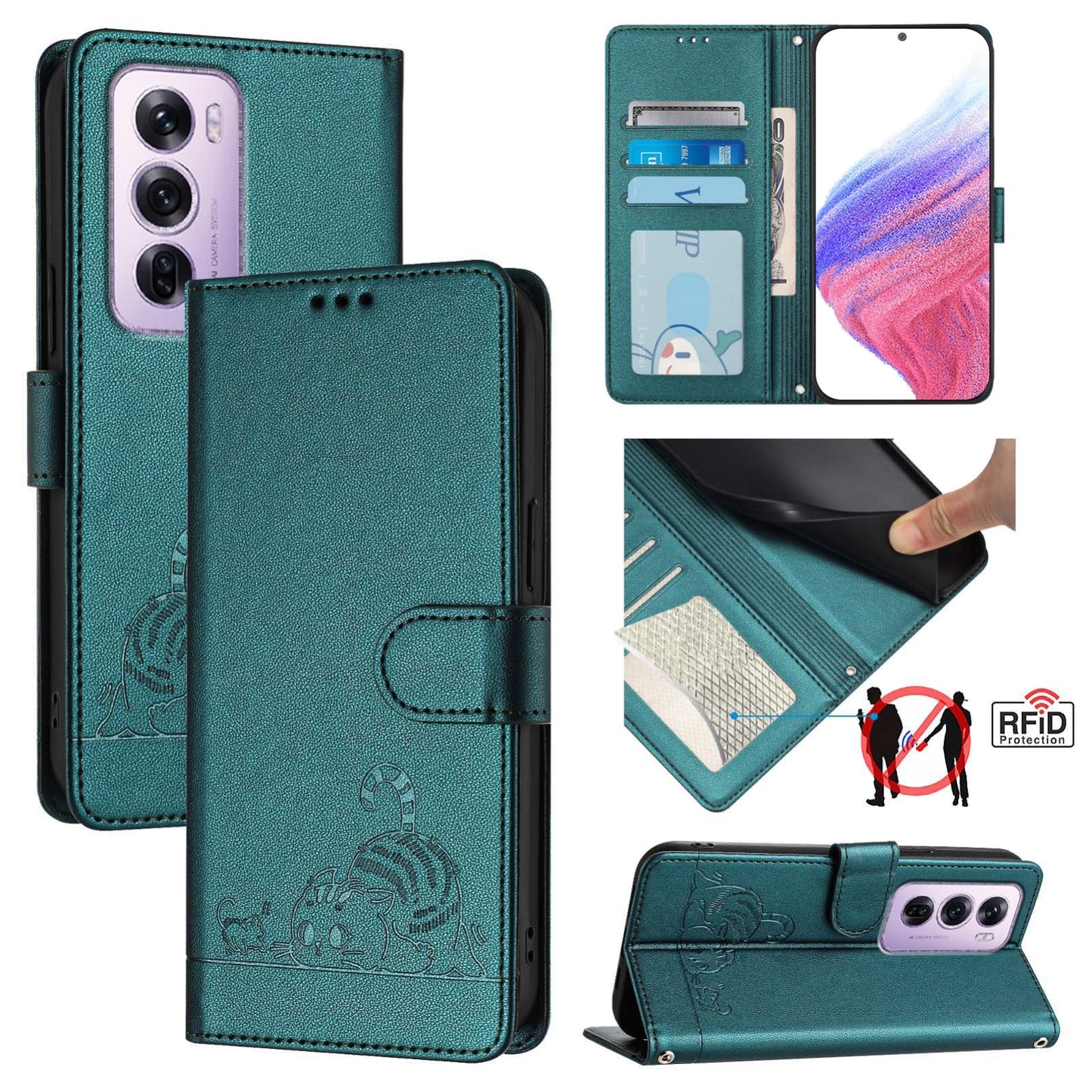 OPPO Reno12 Pro Global Cat and Mouse Embossed PU Leather RFID Case with Wallet Slots, Anti-Fall Protection, Kickstand, and Lanyard-buycases.co.uk