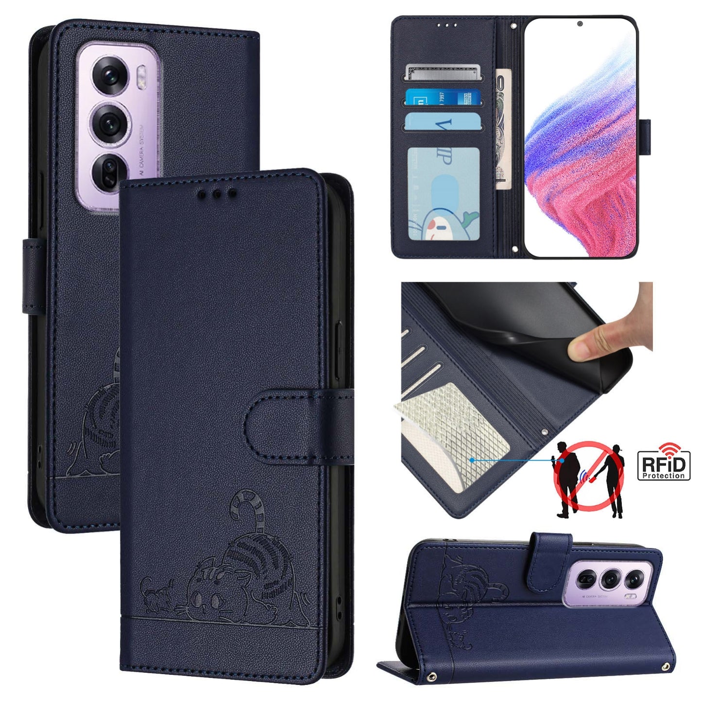 OPPO Reno12 Pro Global Cat and Mouse Embossed PU Leather RFID Case with Wallet Slots, Anti-Fall Protection, Kickstand, and Lanyard-buycases.co.uk