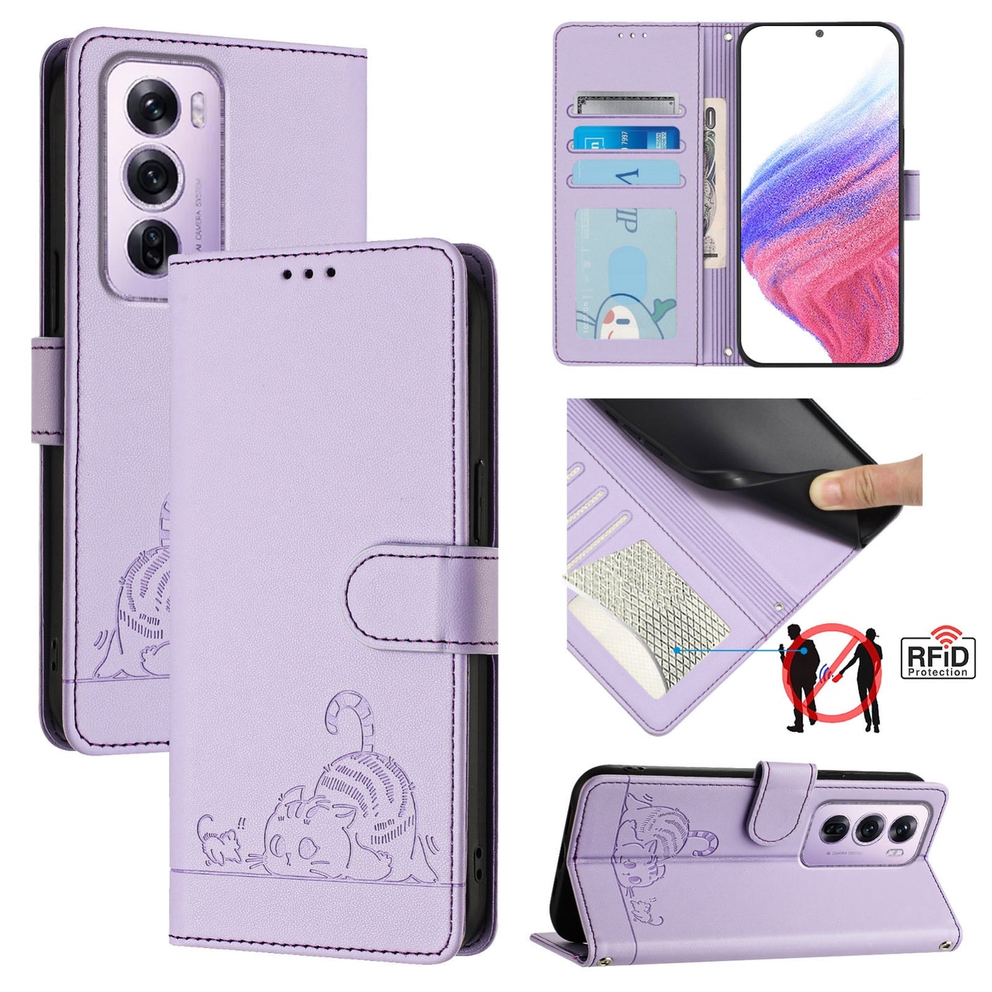 OPPO Reno12 Pro Global Cat and Mouse Embossed PU Leather RFID Case with Wallet Slots, Anti-Fall Protection, Kickstand, and Lanyard-buycases.co.uk