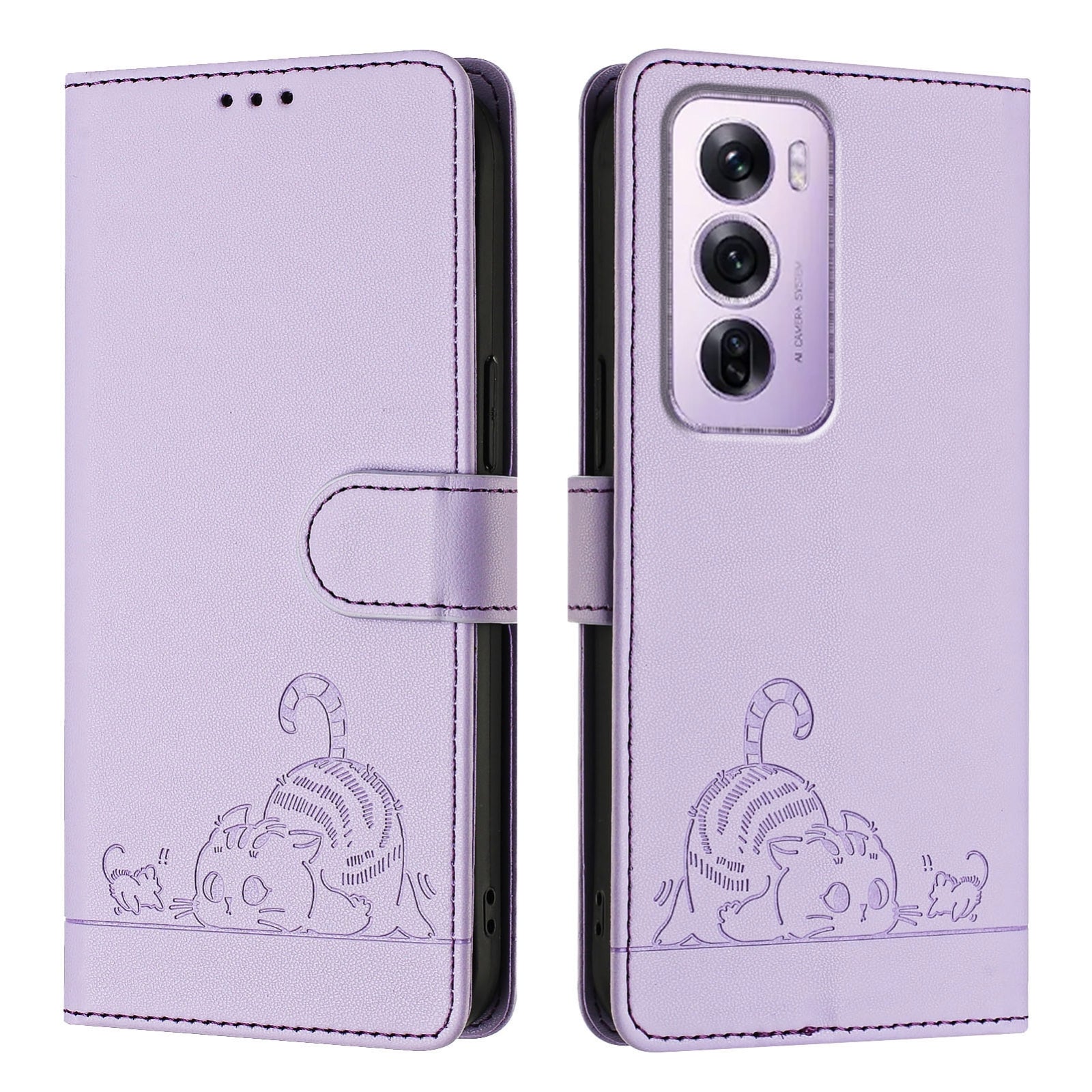OPPO Reno12 Pro Global Cat and Mouse Embossed PU Leather RFID Case with Wallet Slots, Anti-Fall Protection, Kickstand, and Lanyard-buycases.co.uk