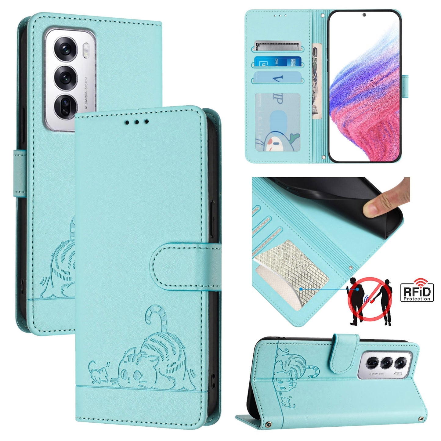 OPPO Reno12 Global Cat and Mouse Embossed PU Leather RFID Case with Wallet Slots, Anti-Fall Protection, Kickstand, and Lanyard-buycases.co.uk