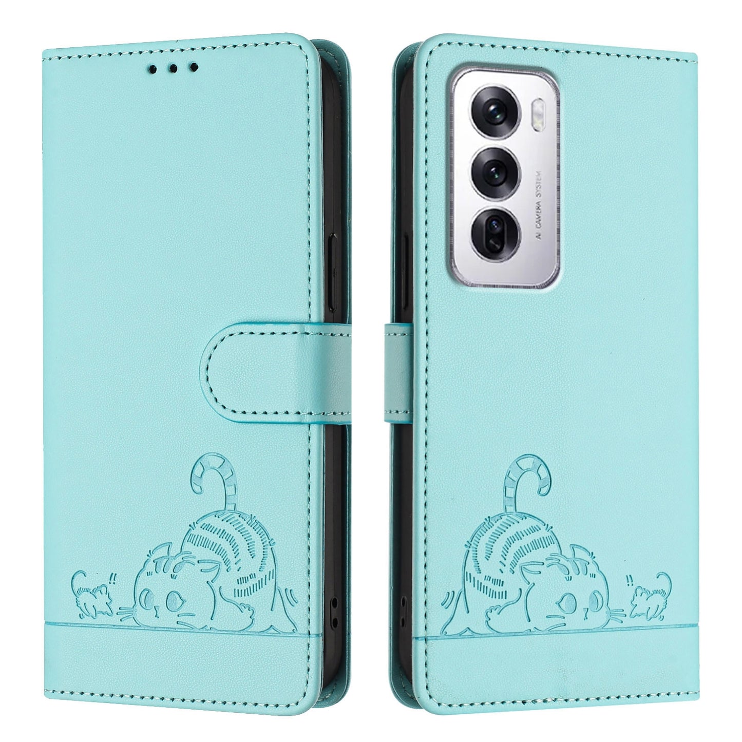OPPO Reno12 Global Cat and Mouse Embossed PU Leather RFID Case with Wallet Slots, Anti-Fall Protection, Kickstand, and Lanyard-buycases.co.uk