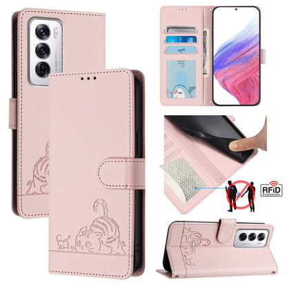 OPPO Reno12 Global Cat and Mouse Embossed PU Leather RFID Case with Wallet Slots, Anti-Fall Protection, Kickstand, and Lanyard-buycases.co.uk