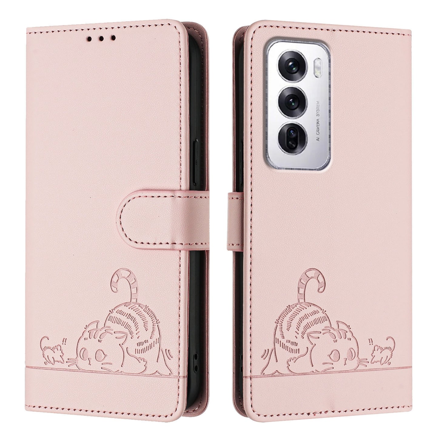 OPPO Reno12 Global Cat and Mouse Embossed PU Leather RFID Case with Wallet Slots, Anti-Fall Protection, Kickstand, and Lanyard-buycases.co.uk