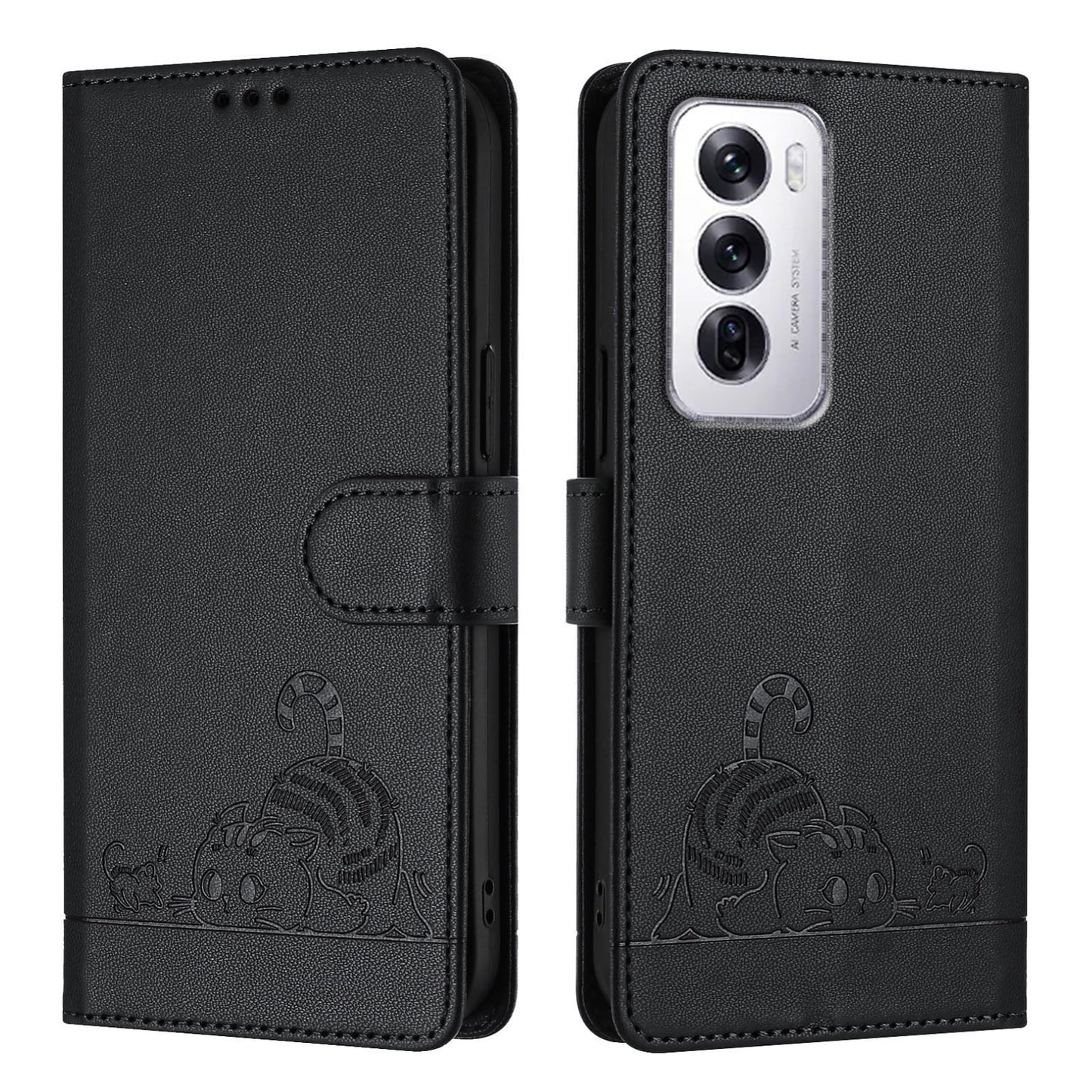 OPPO Reno12 Global Cat and Mouse Embossed PU Leather RFID Case with Wallet Slots, Anti-Fall Protection, Kickstand, and Lanyard-buycases.co.uk