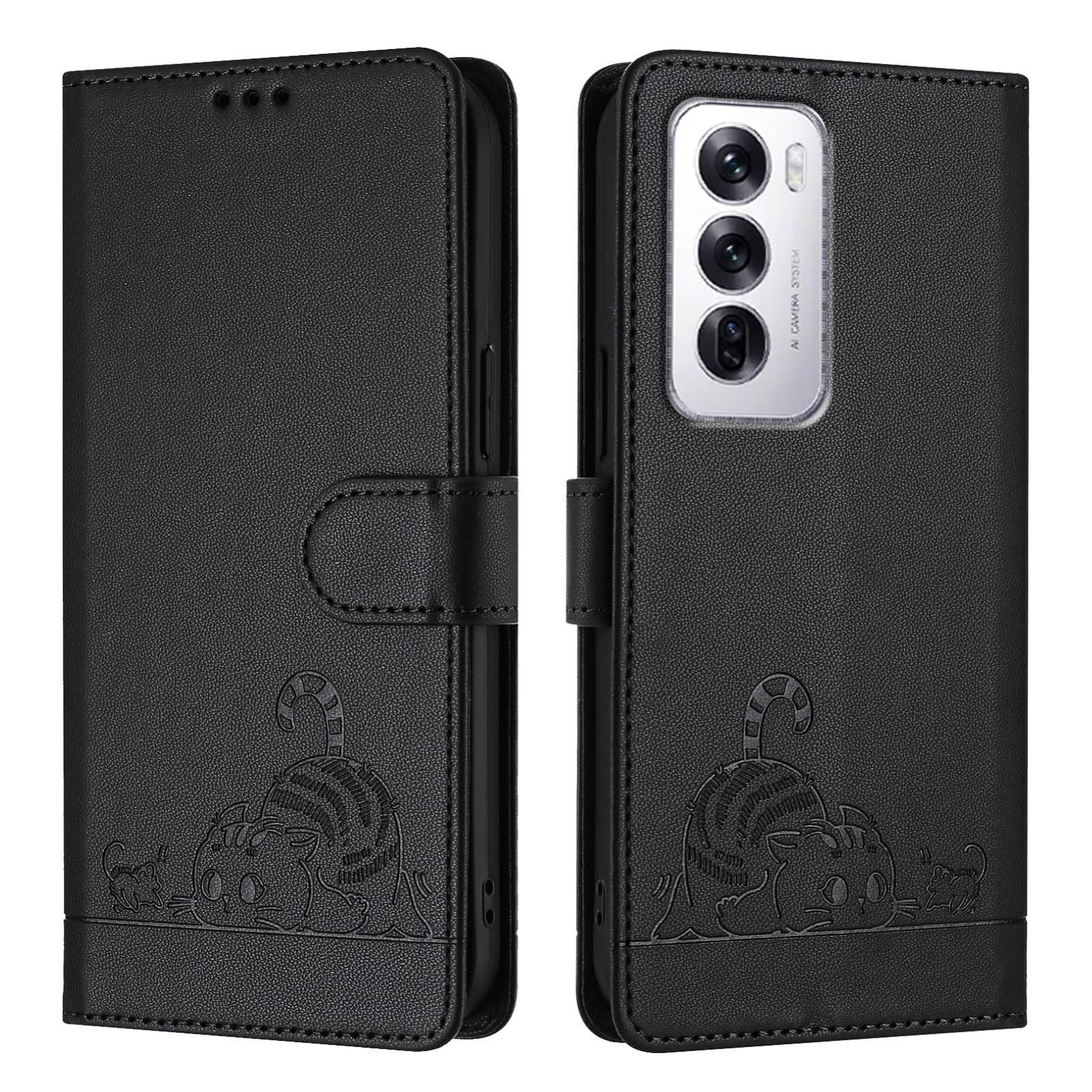 OPPO Reno12 Global Cat and Mouse Embossed PU Leather RFID Case with Wallet Slots, Anti-Fall Protection, Kickstand, and Lanyard-buycases.co.uk