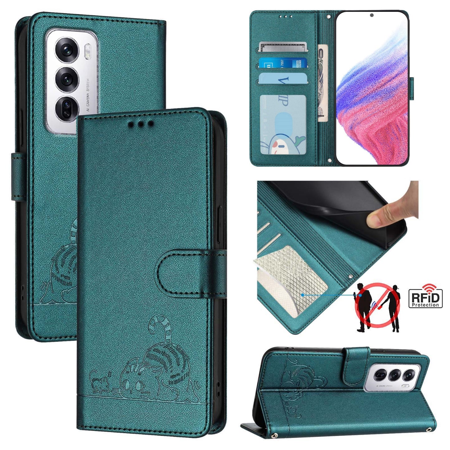 OPPO Reno12 Global Cat and Mouse Embossed PU Leather RFID Case with Wallet Slots, Anti-Fall Protection, Kickstand, and Lanyard-buycases.co.uk