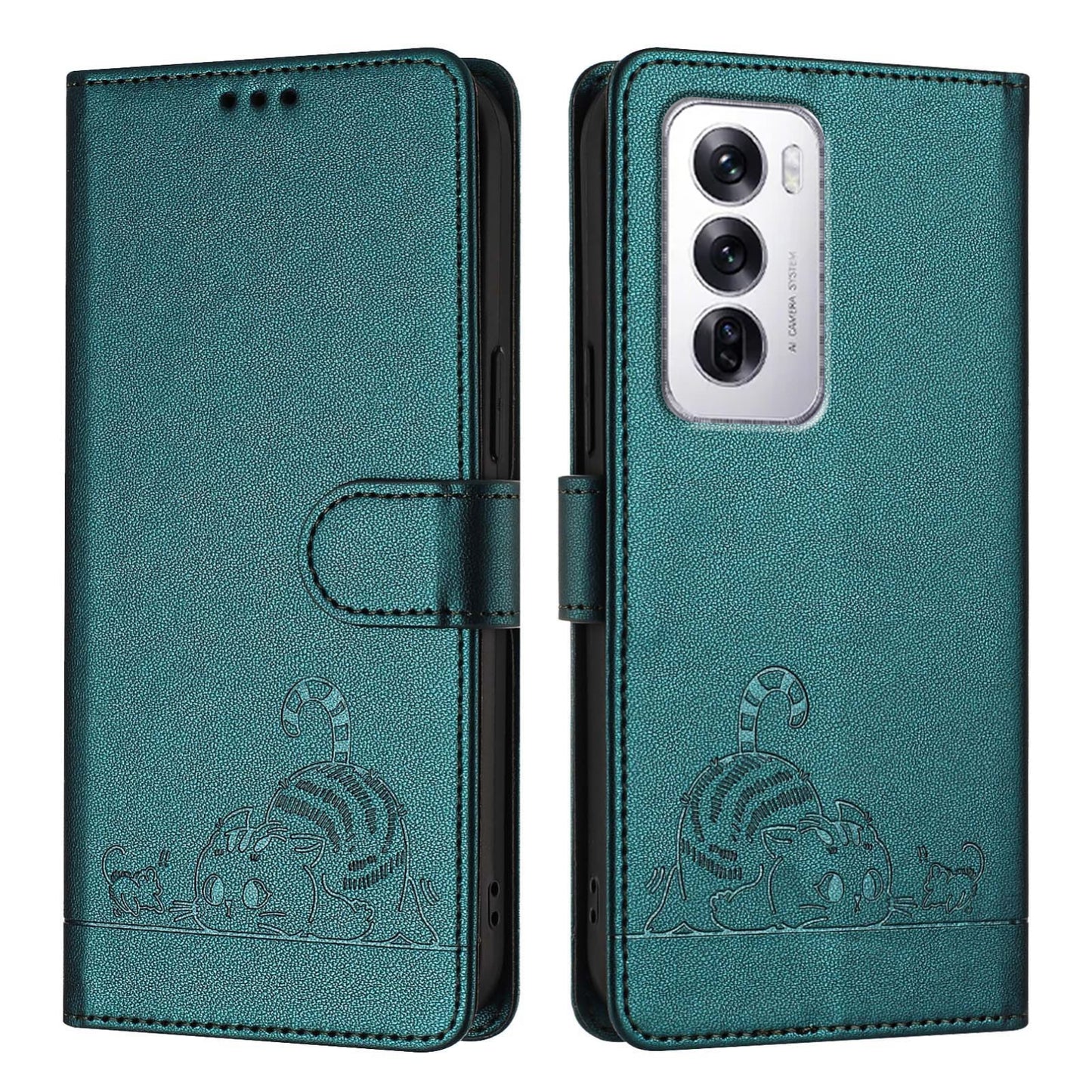 OPPO Reno12 Global Cat and Mouse Embossed PU Leather RFID Case with Wallet Slots, Anti-Fall Protection, Kickstand, and Lanyard-buycases.co.uk