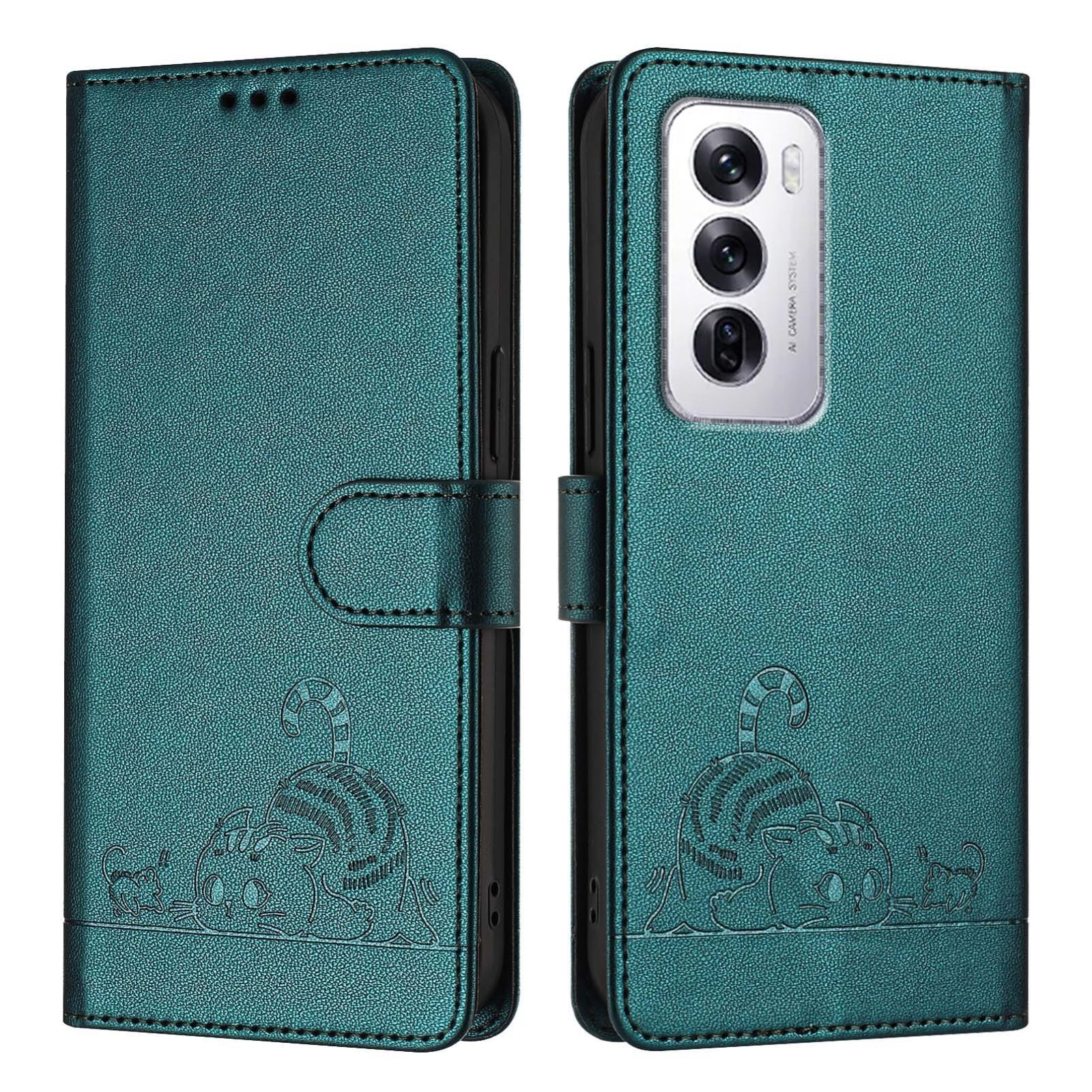 OPPO Reno12 Global Cat and Mouse Embossed PU Leather RFID Case with Wallet Slots, Anti-Fall Protection, Kickstand, and Lanyard-buycases.co.uk