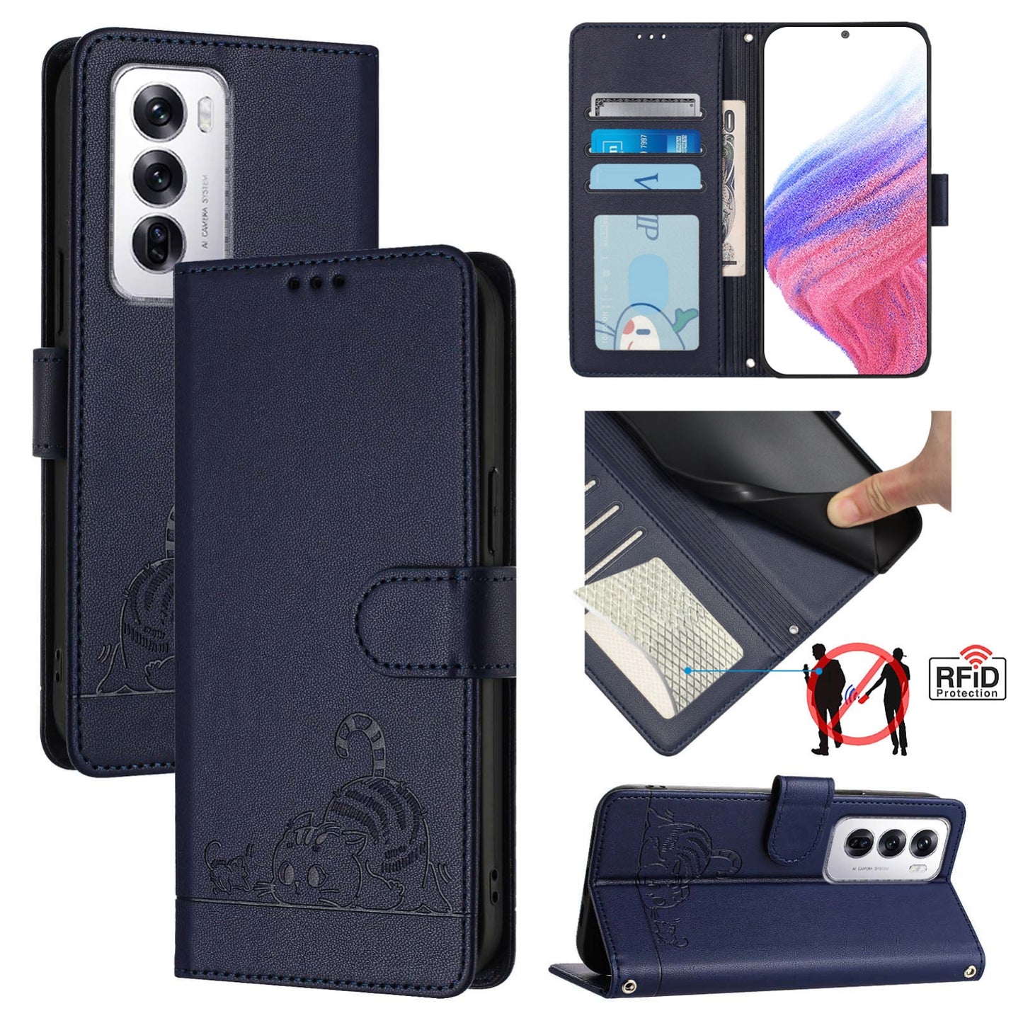 OPPO Reno12 Global Cat and Mouse Embossed PU Leather RFID Case with Wallet Slots, Anti-Fall Protection, Kickstand, and Lanyard-buycases.co.uk
