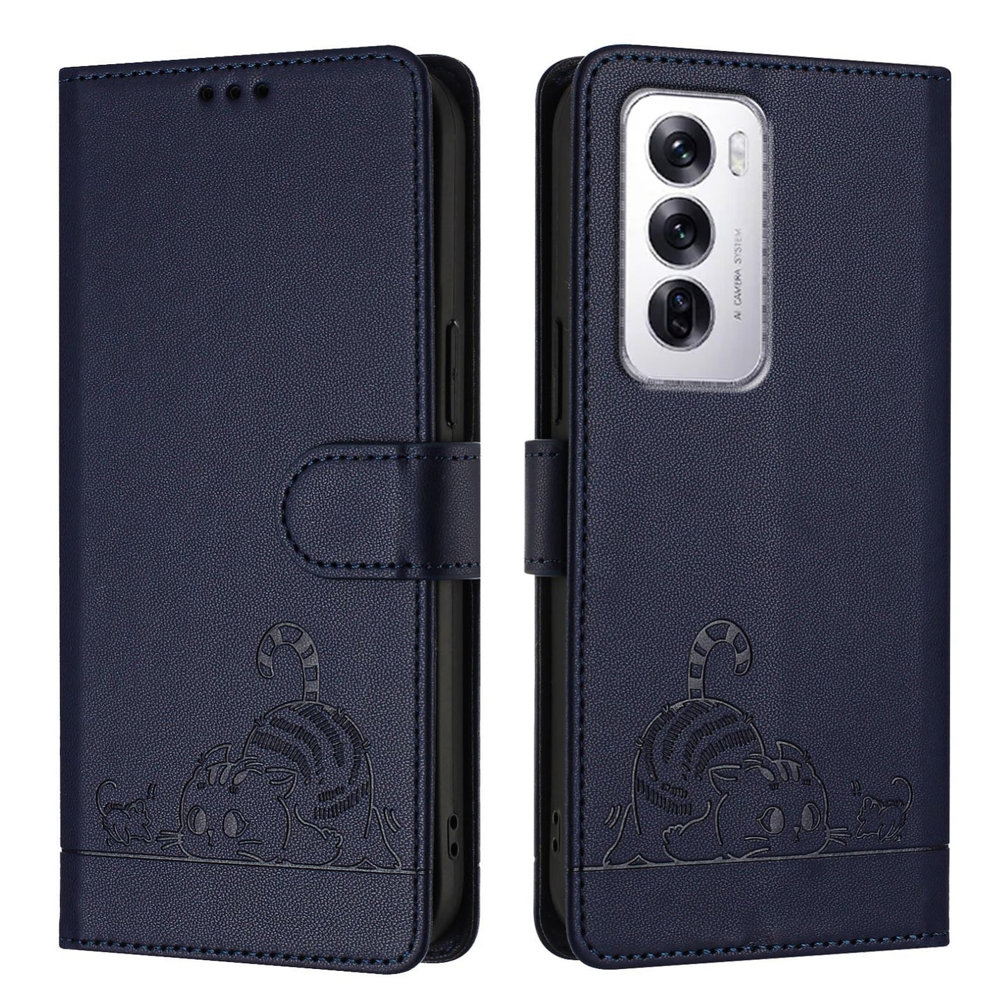 OPPO Reno12 Global Cat and Mouse Embossed PU Leather RFID Case with Wallet Slots, Anti-Fall Protection, Kickstand, and Lanyard-buycases.co.uk