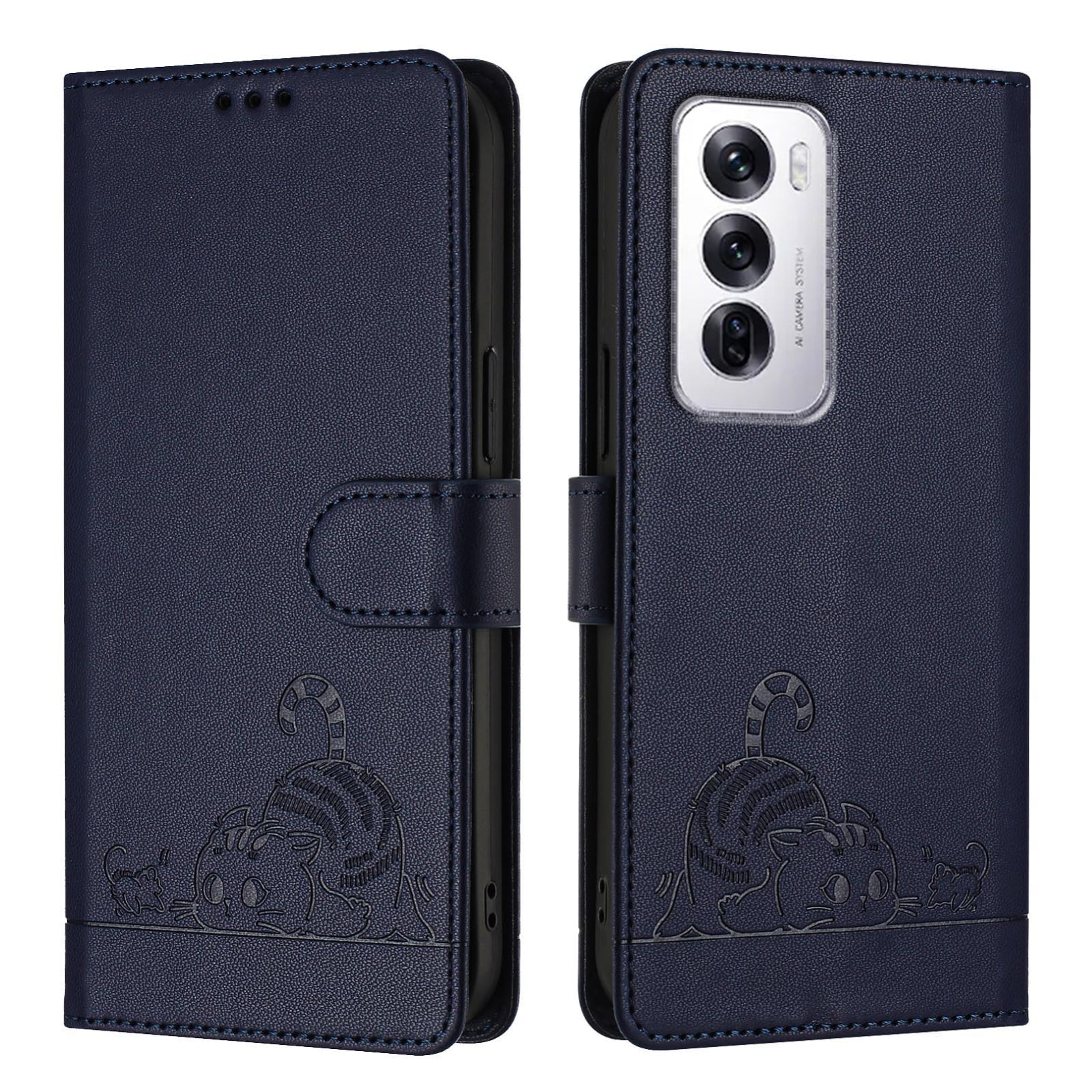 OPPO Reno12 Global Cat and Mouse Embossed PU Leather RFID Case with Wallet Slots, Anti-Fall Protection, Kickstand, and Lanyard-buycases.co.uk