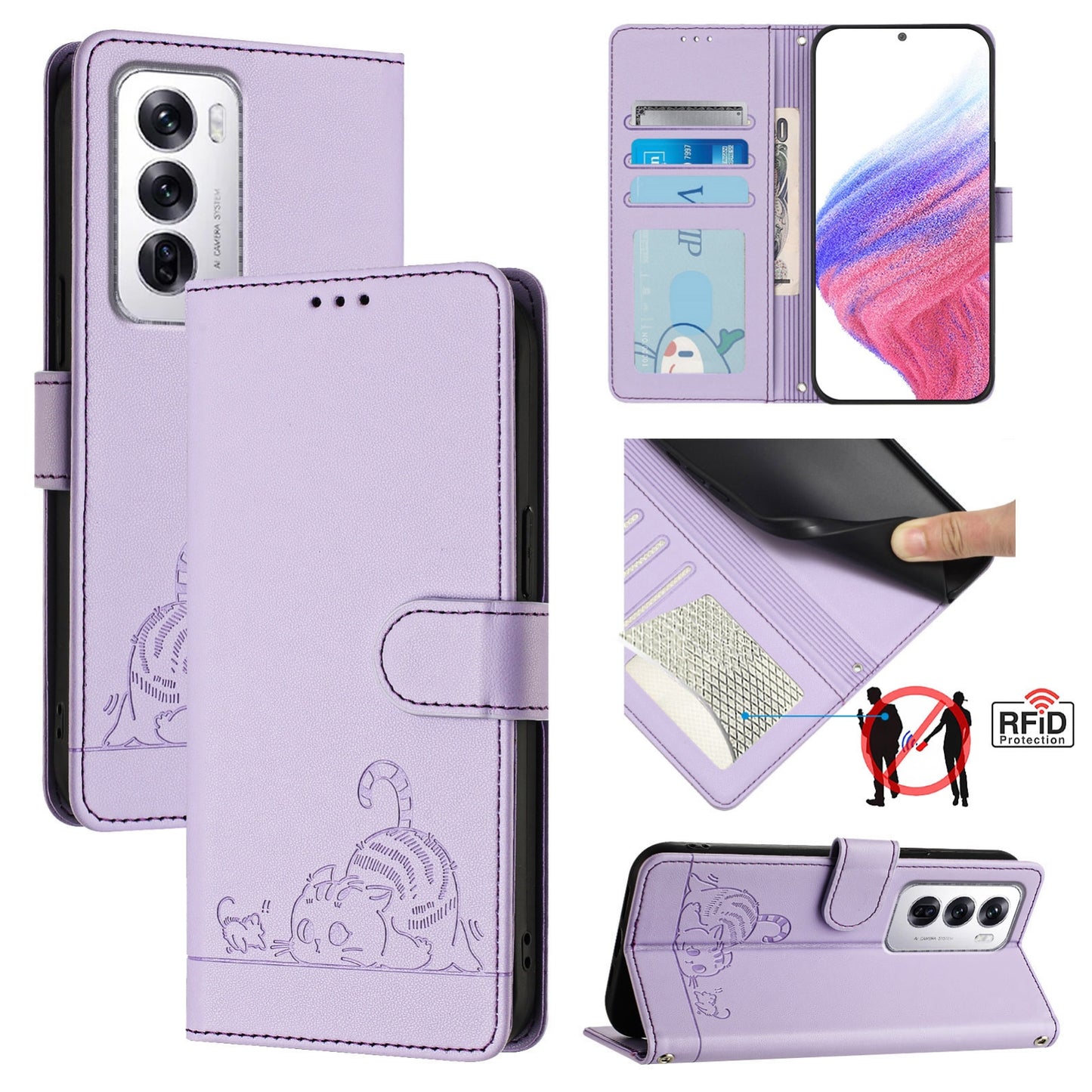 OPPO Reno12 Global Cat and Mouse Embossed PU Leather RFID Case with Wallet Slots, Anti-Fall Protection, Kickstand, and Lanyard-buycases.co.uk