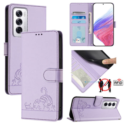 OPPO Reno12 Global Cat and Mouse Embossed PU Leather RFID Case with Wallet Slots, Anti-Fall Protection, Kickstand, and Lanyard-buycases.co.uk