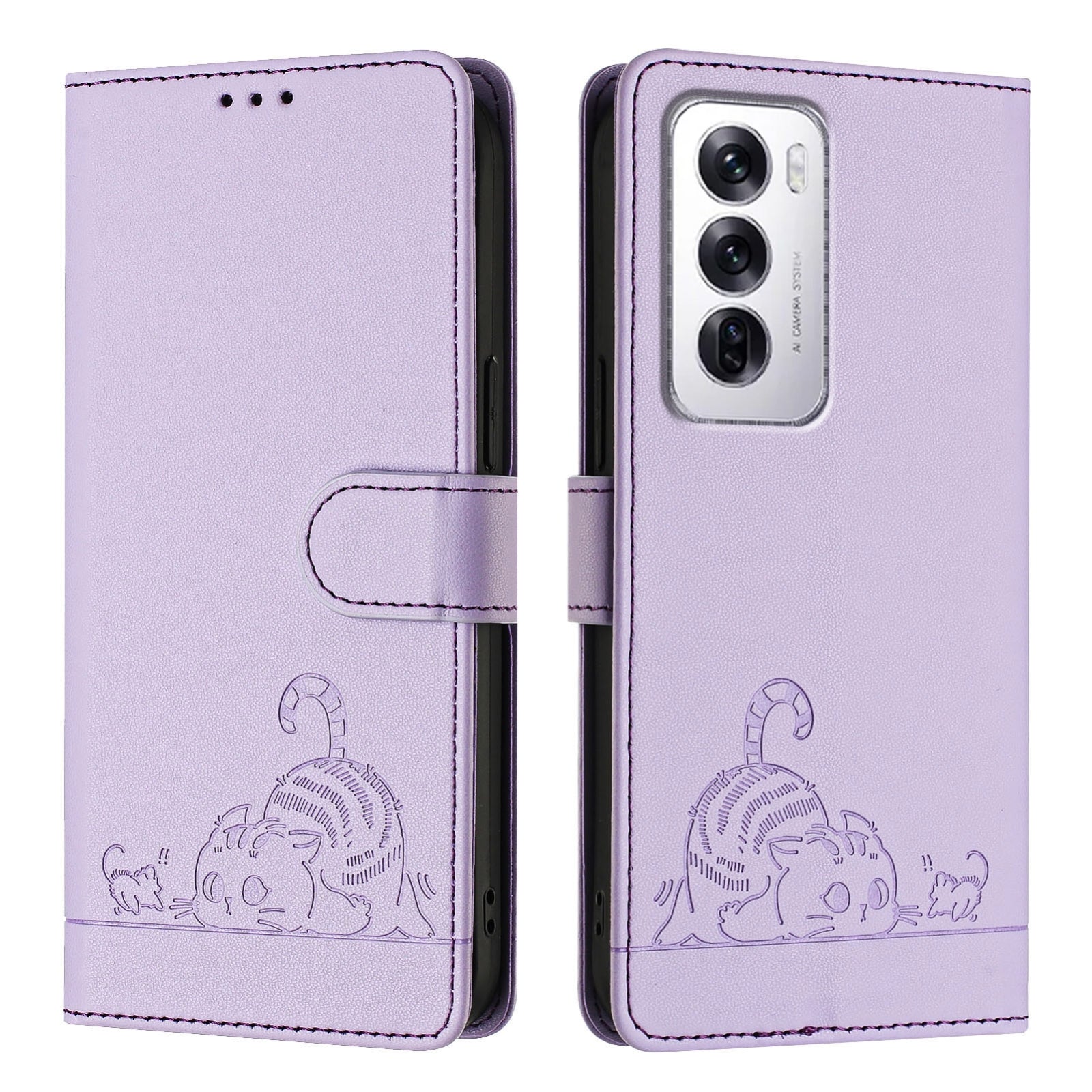OPPO Reno12 Global Cat and Mouse Embossed PU Leather RFID Case with Wallet Slots, Anti-Fall Protection, Kickstand, and Lanyard-buycases.co.uk
