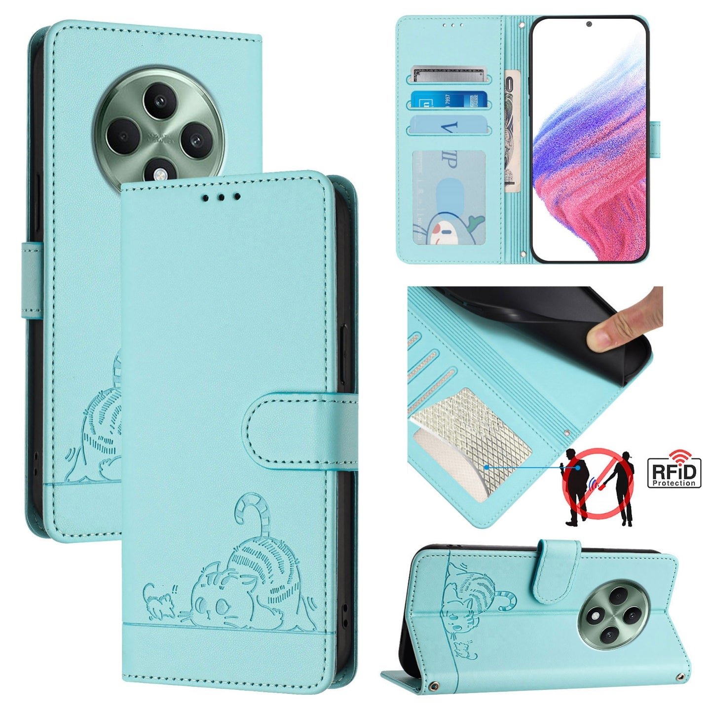 OPPO Reno12 F Global Cat and Mouse Embossed PU Leather RFID Case with Wallet Slots, Anti-Fall Protection, Kickstand, and Lanyard-buycases.co.uk