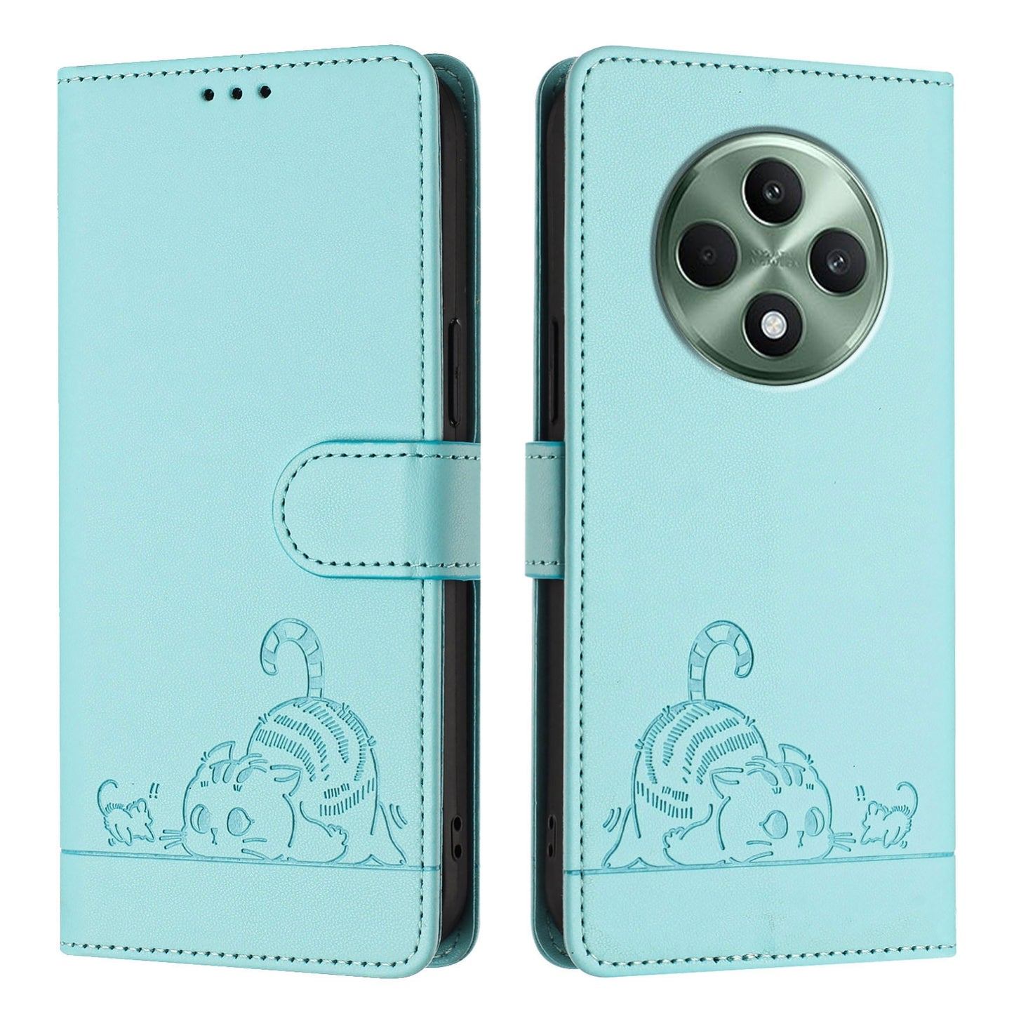 OPPO Reno12 F Global Cat and Mouse Embossed PU Leather RFID Case with Wallet Slots, Anti-Fall Protection, Kickstand, and Lanyard-buycases.co.uk