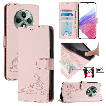 OPPO Reno12 F Global Cat and Mouse Embossed PU Leather RFID Case with Wallet Slots, Anti-Fall Protection, Kickstand, and Lanyard-buycases.co.uk