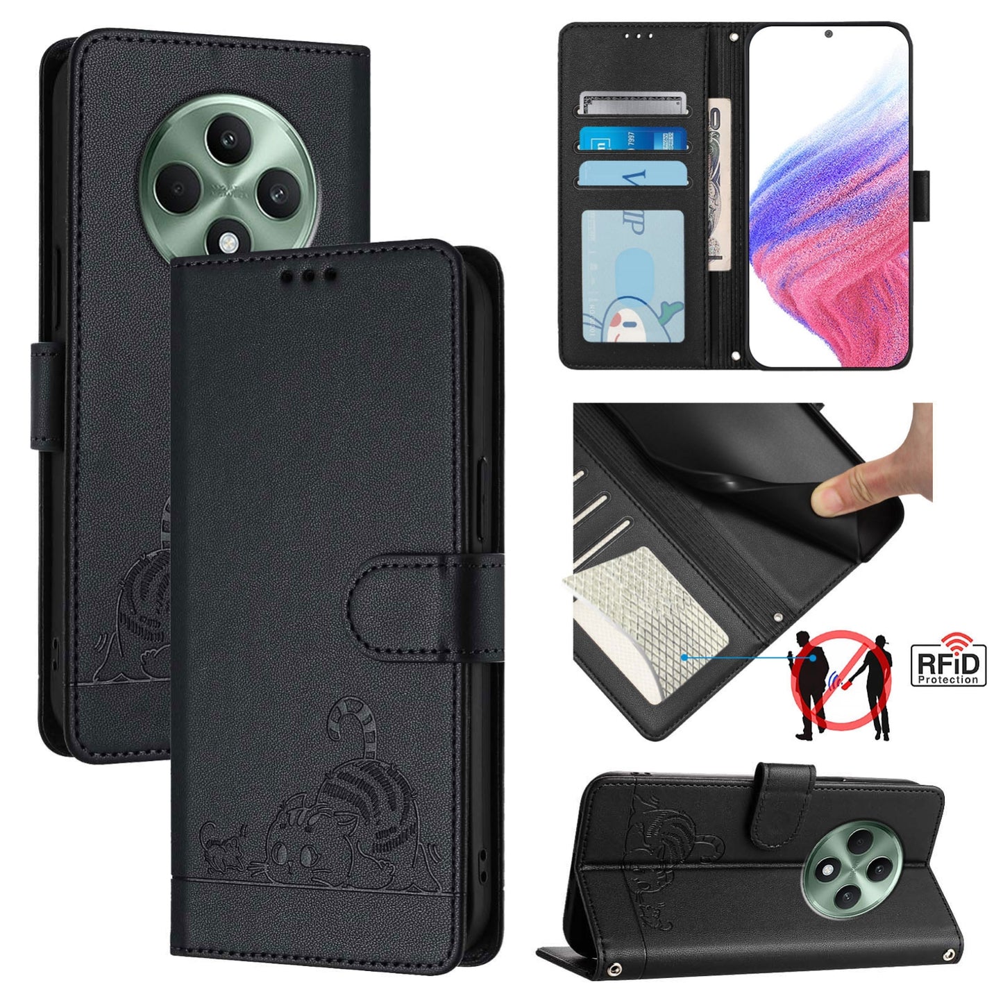 OPPO Reno12 F Global Cat and Mouse Embossed PU Leather RFID Case with Wallet Slots, Anti-Fall Protection, Kickstand, and Lanyard-buycases.co.uk